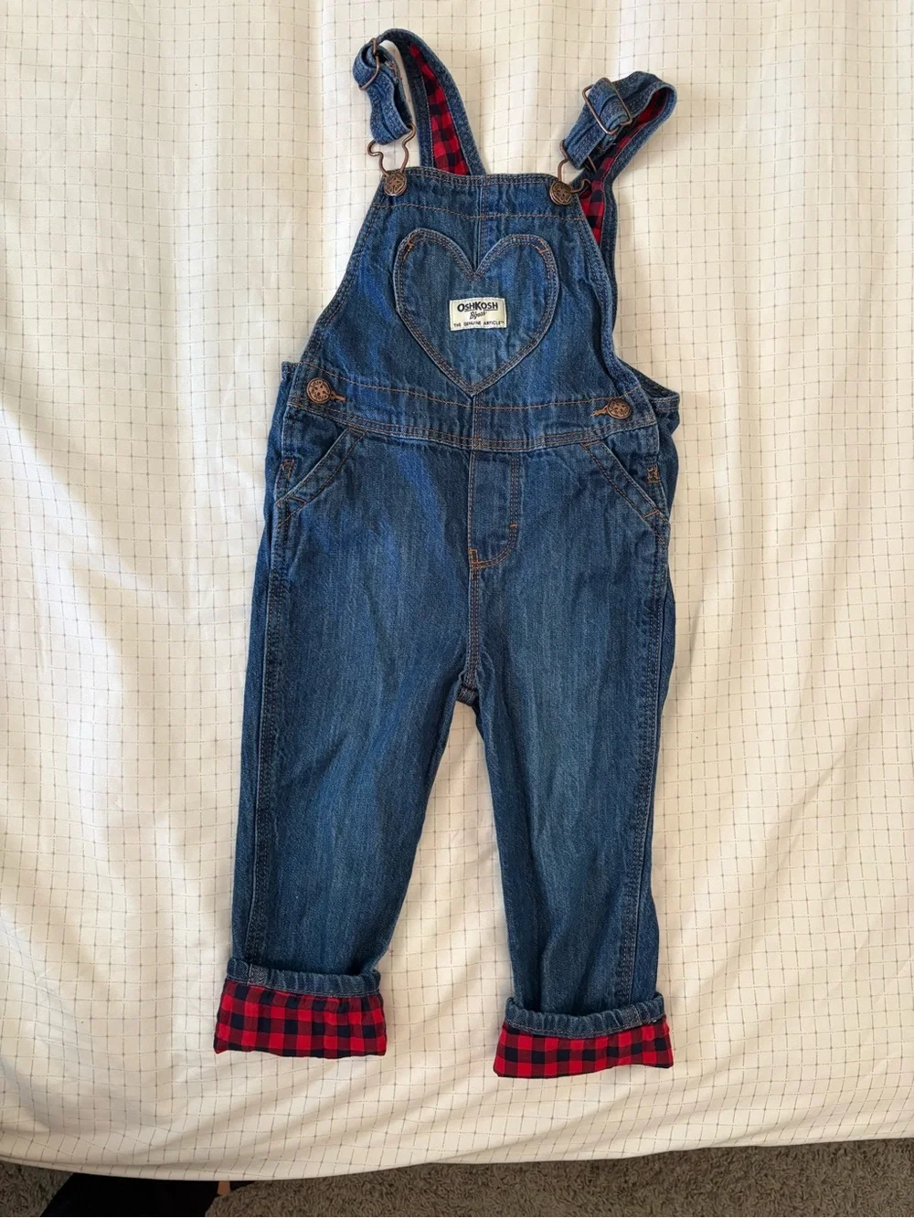 Vintage OshKosh B’gosh 2T Denim Overalls Red Plaid Heart Cuff